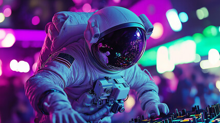 Fototapeta premium An astronaut DJing with a futuristic console in a vibrant neon-lit setting.