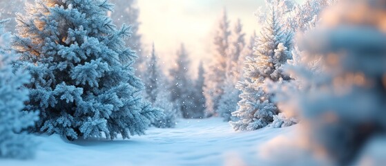 Fototapeta premium Serene frosty winter landscape with snow-covered fir trees in a tranquil forest setting, perfect christmas background with blurred snowy scenery