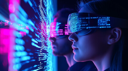 Two people wearing futuristic AR glasses, interacting with a digital interface of glowing data streams.