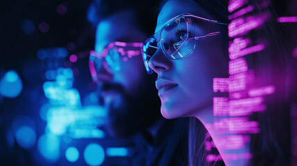 Two people wearing glasses analyzing code or data in a dark environment, illuminated by neon pink and blue lights.