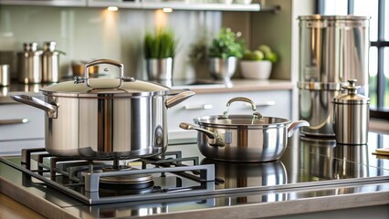 Stainless steel pot and pan on gas stove in modern kitchen setting, kitchen, cooking, stainless steel, pots