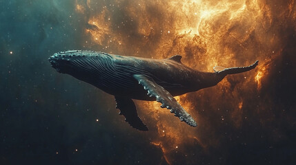 majestic humpback whale dives gracefully into a swirling nebula of vibrant gases, symbolizing the unity of life on Earth and the vast unknown of space, blending nature with the cosmos
