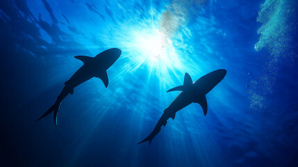 Fototapeta premium Two sharks swimming in the ocean, silhouetted against the bright light from above.