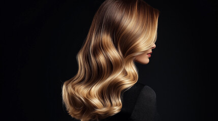 Fototapeta premium Wavy, shiny auburn hair flowing down the back against a dark textured background.