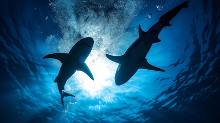 Two sharks swimming in the ocean, silhouetted against the bright light from above.