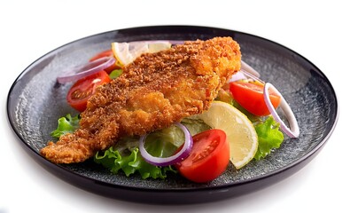 Crispy and spicy fried fish srved with salad, A delicious crispy fried fish fillet served on a bed of fresh salad with lemon wedges, perfect for showcasing your restaurant's menu or food blog.