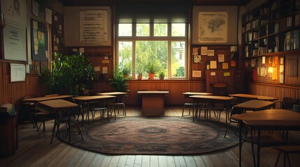 A cozy circular classroom with vintage wooden desks arranged in a ring, surrounded by warm, rustic decor and soft lighting, fostering intimate discussions