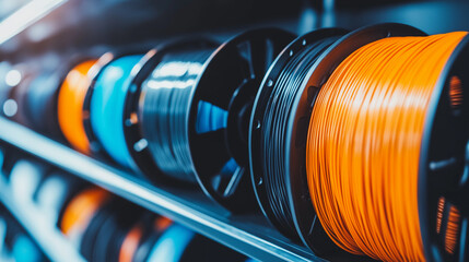 Rolls of industrial cables in black, orange, and blue, displayed in a manufacturing setting.