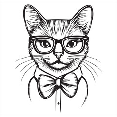 A simple T-shirt design featuring an outline drawing of a cat wearing glasses and a bow tie, in a vector art style.

