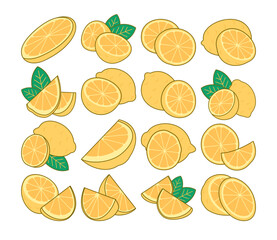 High-quality Illustration graphics of lemons in various poses, including whole lemons, halves, and slices. Ideal for food packaging, websites, and more.
