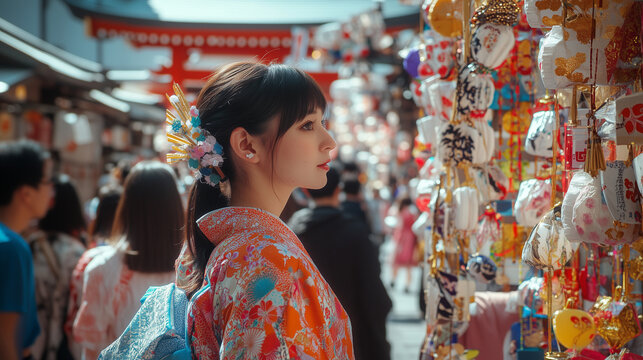 Tori no Ichi Festival in Tokyo, the large shrine gate is decorated with colorful paper lights and ornaments, visitors wearing traditional kimonos walk among stalls selling kumade, Ai generated images