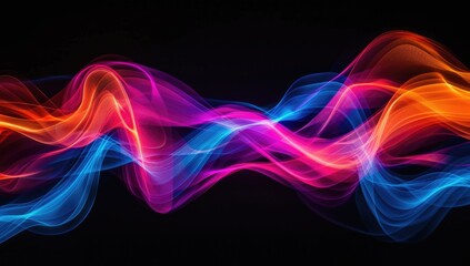 A digital artwork of colorful sound waves on a black background, representing the concept of audio waves in music production and rendering. Virtual energy wave backdrop