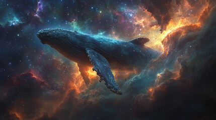 majestic humpback whale dives gracefully into a swirling nebula of vibrant gases, symbolizing the unity of life on Earth and the vast unknown of space, blending nature with the cosmos