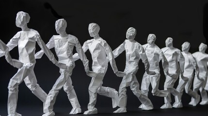 Group of hands holding a connected paper chain of human silhouettes, symbolizing unity, teamwork, and collaboration.