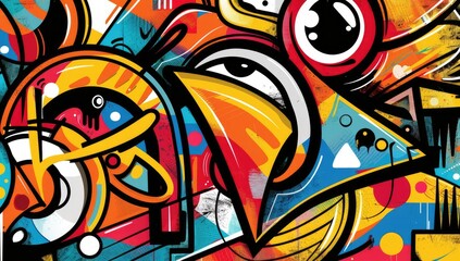 Obraz premium A vibrant cartoon-style graffiti pattern featuring abstract shapes and characters, with bold colors and dynamic lines creating an energetic atmosphere, focusing on faces.