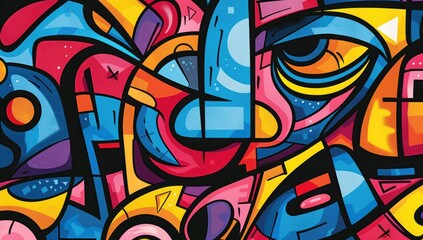 Obraz premium A vibrant cartoon-style graffiti pattern featuring abstract shapes and characters, with bold colors and dynamic lines creating an energetic atmosphere, focusing on faces.