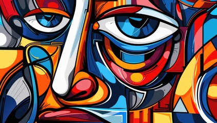 Obraz premium A vibrant cartoon-style graffiti pattern featuring abstract shapes and characters, with bold colors and dynamic lines creating an energetic atmosphere, focusing on faces.