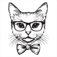 A simple T-shirt design featuring an outline drawing of a cat wearing glasses and a bow tie, in a vector art style.
