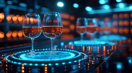 Wine tasting setup in a modern tech lab, wine glasses floating in a holographic ring, vibrant futuristic lighting, sci-fi atmosphere, digital rendering, cool blue tones