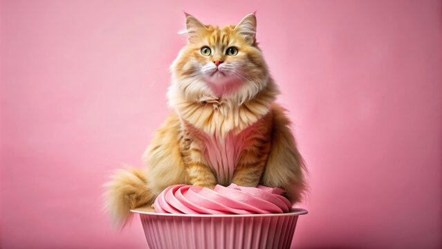 Fluffy pink cat sitting on giant cupcake, pink, fluffy, cat, cupcake, sweet, adorable, cute, feline, dessert, pet, whiskers