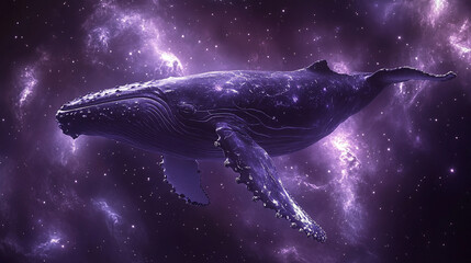 majestic humpback whale dives gracefully into a swirling nebula of vibrant gases, symbolizing the unity of life on Earth and the vast unknown of space, blending nature with the cosmos