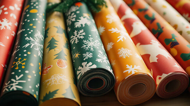close up Color papers for wrapping gifts with festive designs for christmas holiday background.