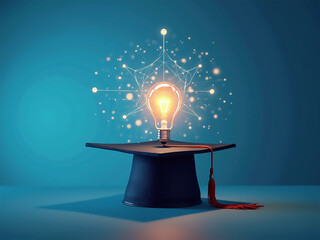 Futuristic Smart Education: Innovation with Bachelor Cap and Light Bulb on Blue Background