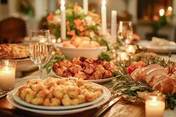 A warm Thanksgiving dinner table setting with roasted potatoes, bread, candles, and wine, creating a cozy festive atmosphere.