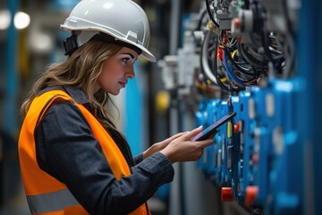 Female Engineer Inspecting Industrial Machinery with Tablet