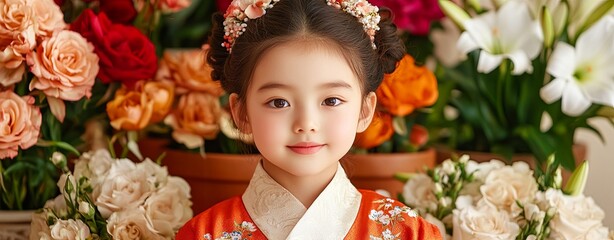 Fototapeta premium Child in Red and White Hanfu Among Flowers