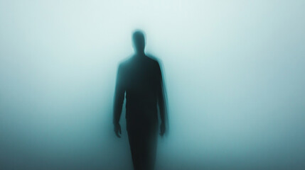 Fototapeta premium Motion blur silhouette of a man walking away from the camera, head turned towards us blurred and foggy, soft white background