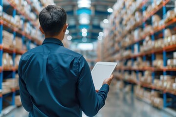 Warehouse manager using a tablet while inspecting inventory in a large storage facility