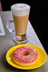 Cappuccino, Pink Donut, and Laptop