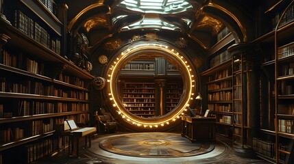 Fototapeta premium Steampunk library with mechanical shelves, circular arrangement, antique gears, brass details, sepia tones, vintage illustration, intricate machinery, cozy ambiance