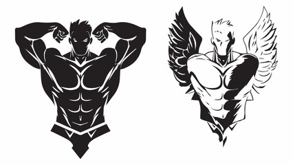 Set of simple logo of a bodybuilder man lifting his muscles showing his muscles white background.