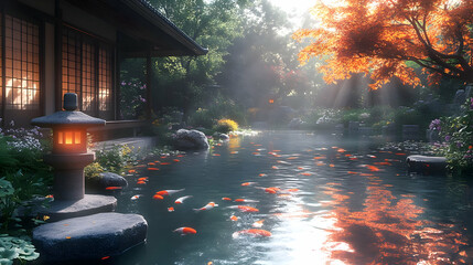 Japanese Garden Pond with Koi Fish - 3D Illustration