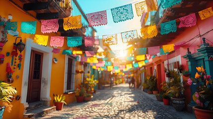 Obraz premium Colorful Paper Lanterns Hanging Above a Cobblestone Street - Illustration
