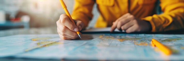 Traveler marking destinations on world map