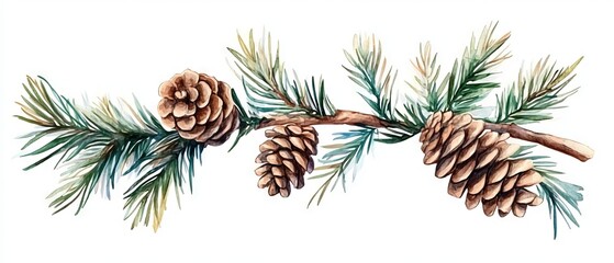 Watercolor vector illustration of winter scene with fir branches and pine cones in a snowy background