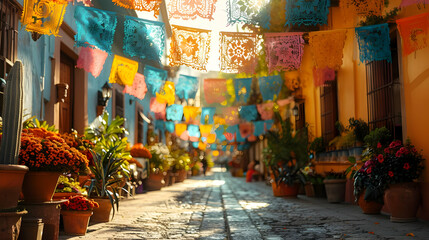 Colorful Paper Lanterns Decorating Cobblestone Street in Mexico - Photo