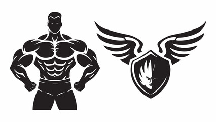 Set of simple logo of a bodybuilder man lifting his muscles showing his muscles white background.