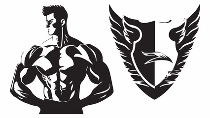 Set of simple logo of a bodybuilder man lifting his muscles showing his muscles white background.