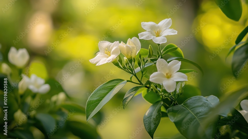 Poster White Flowers on a Branch in Sunlight