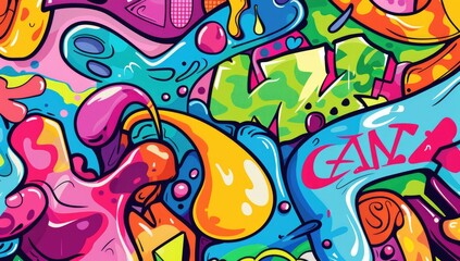 A vibrant cartoon-style graffiti pattern featuring abstract shapes and characters, with bold colors and dynamic lines creating an energetic atmosphere, focusing on faces.