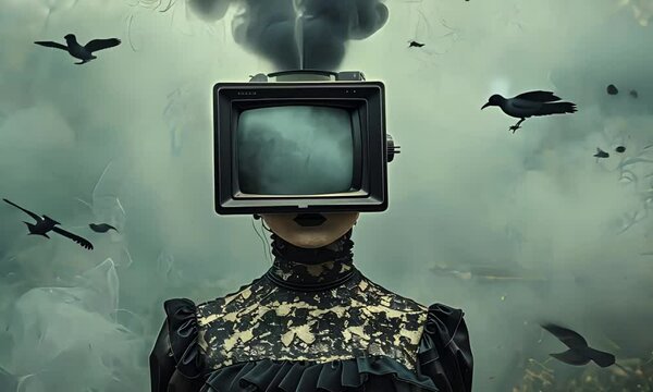 A surreal figure adorned in lace stands amidst swirling crows and smoke, featuring a vintage television instead of a head