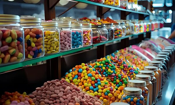 Colorful candy display in a bustling sweets shop during the afternoon at a local market