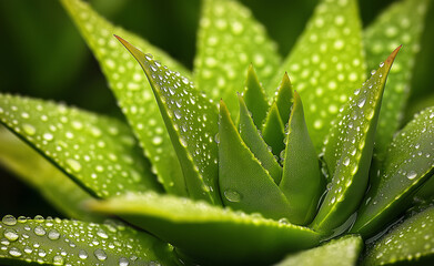 Close-up of vibrant green aloe vera leaves covered in water droplets, showcasing their freshness and natural beauty. 