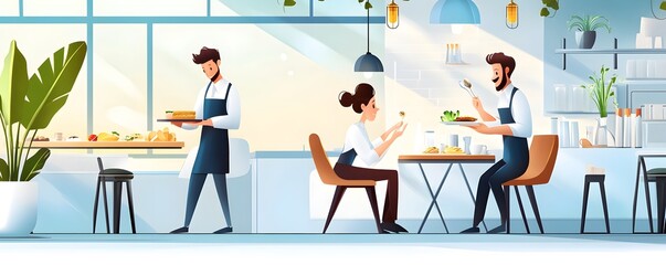 Happy Customers Enjoying Meal at Cafe.