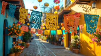 Colorful Paper Flags Hanging in an Alleyway Illustration