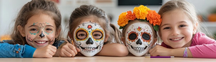 Children celebrating Día de los Muertos with face paint and smiles